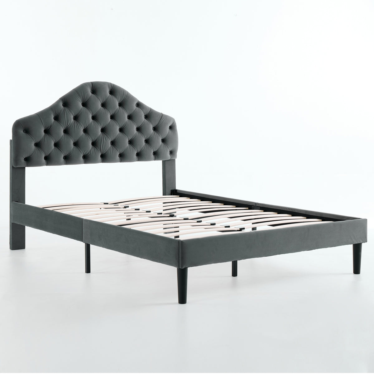 Full Upholstered Platform Bed Frame, 140x200cm, Velvet Gray