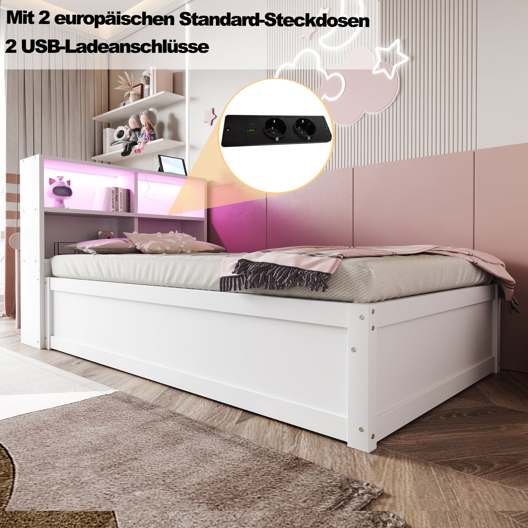 Sofa Bed 90*200, Hydraulic with Storage & Light Bar, White Wood