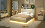 Upholstered Bed 140*200 with USB & LED Light, Linen Beige