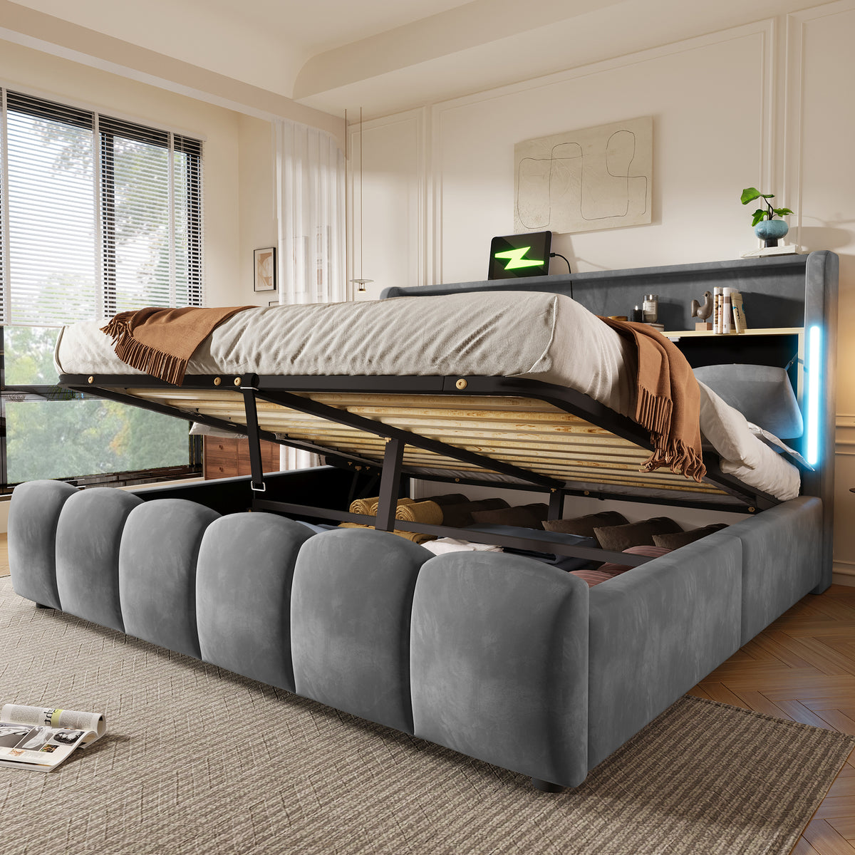 Upholstered Storage Bed 180x200 cm with LED in Velvet