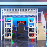 Loft Bed with Desk, Storage Ladder and LED Light Strip, White Metal Frame
