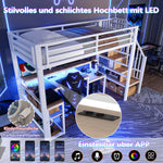 Loft Bed with Desk, LED Light Strip and Storage Staircase, 90 x 200 cm, White Iron Frame