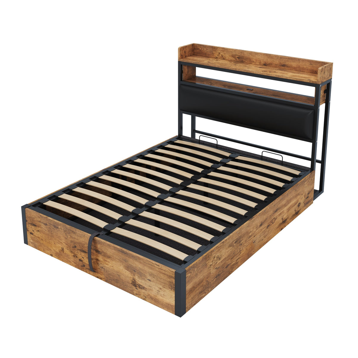 Bed Frame, 140x200, Hydraulic Lift, USB, Upholstered Headboard, Hidden Storage, Wood and Metal, Black