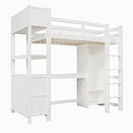 Loft Bed 90x200 cm with Desk, Wardrobe & Storage Shelves, White