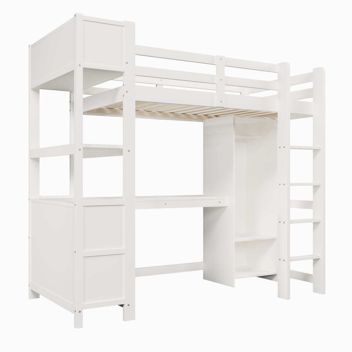 Loft Bed 90x200 cm with Desk, Wardrobe & Storage Shelves, White
