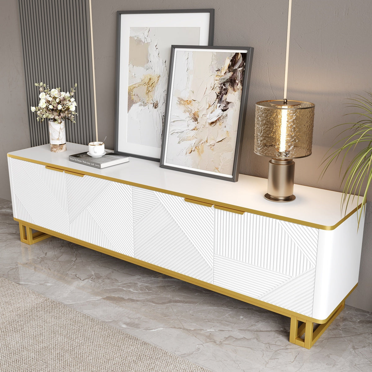 TV Cabinet Four Doors Geometric Texture 160x37.5x48cm White