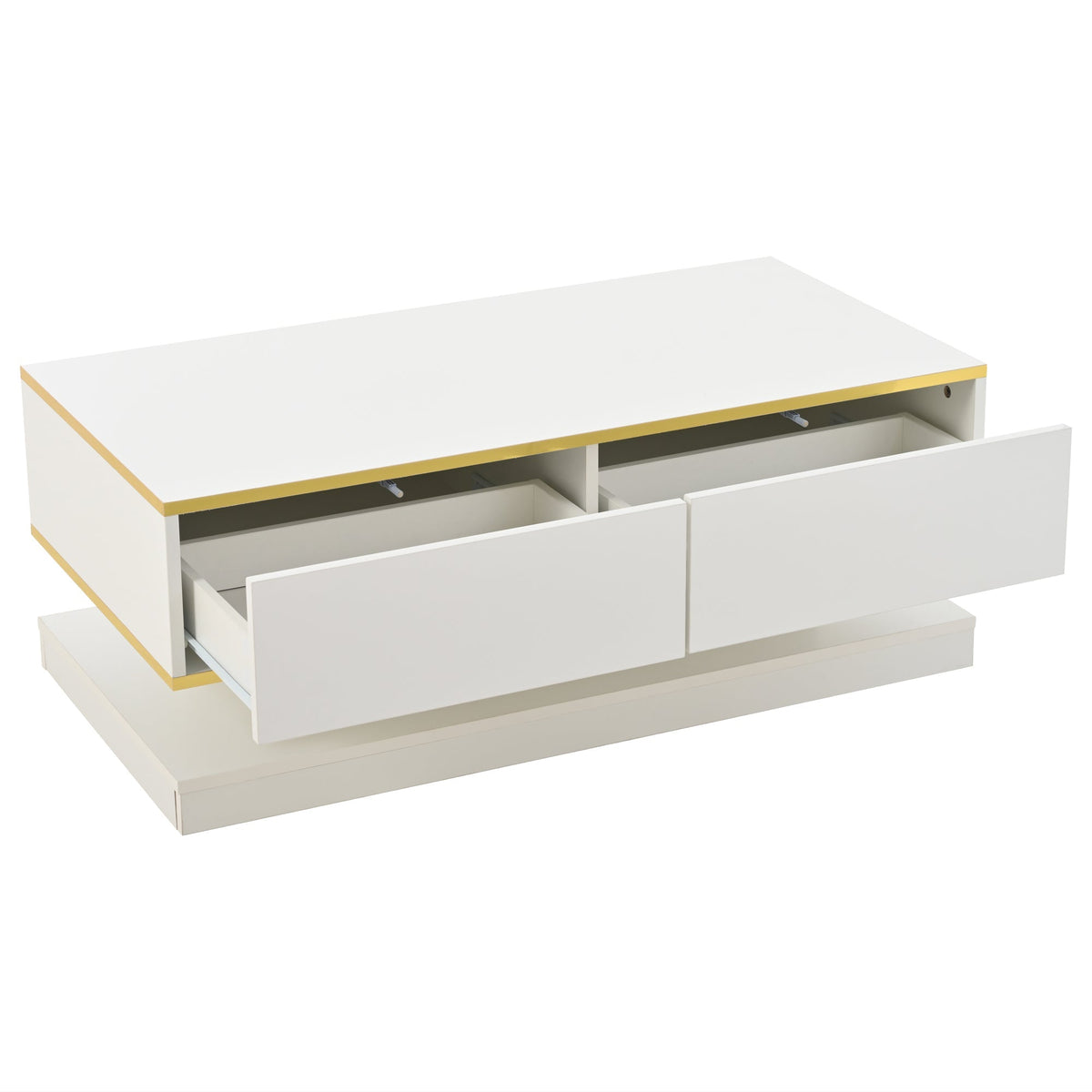Coffee Table 100x50x38cm High Gloss with 2 Drawers, Warm White and Gold Edge