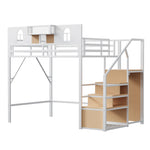 Metal Loft Bed 140x200cm with Storage Ladder & Desk, White Metal Frame