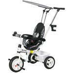 6-in-1 children's tricycle with push bar, roof, belt, storage basket, white