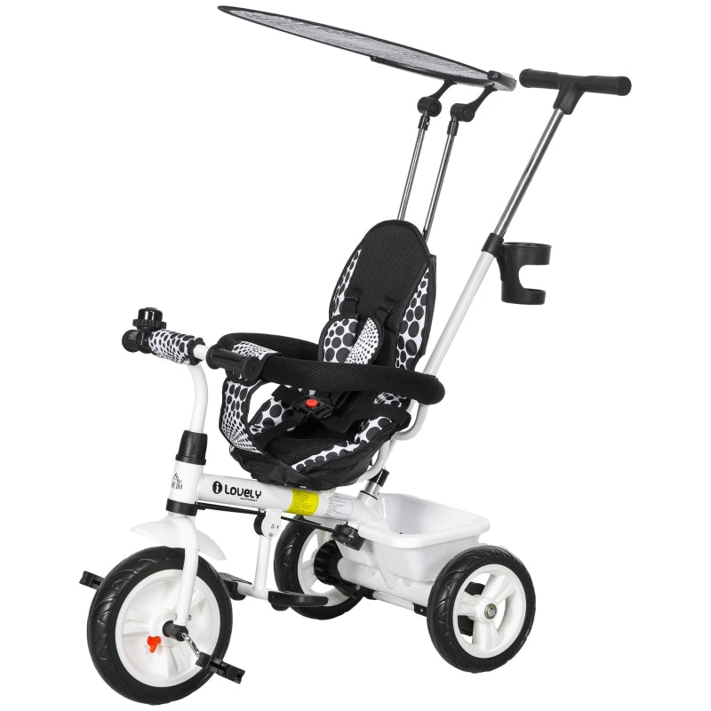 6-in-1 children's tricycle with push bar, roof, belt, storage basket, white