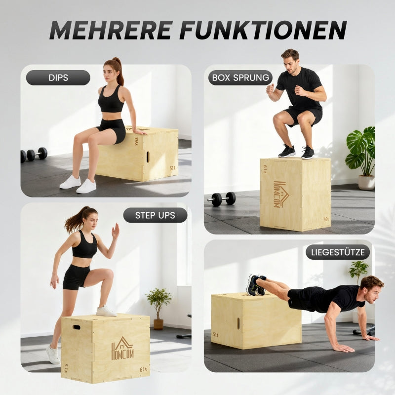 3-in-1 Wooden Plyo Box with 3 Jump Heights and Handles, 61 x 51 x 76 cm, Natural Wood