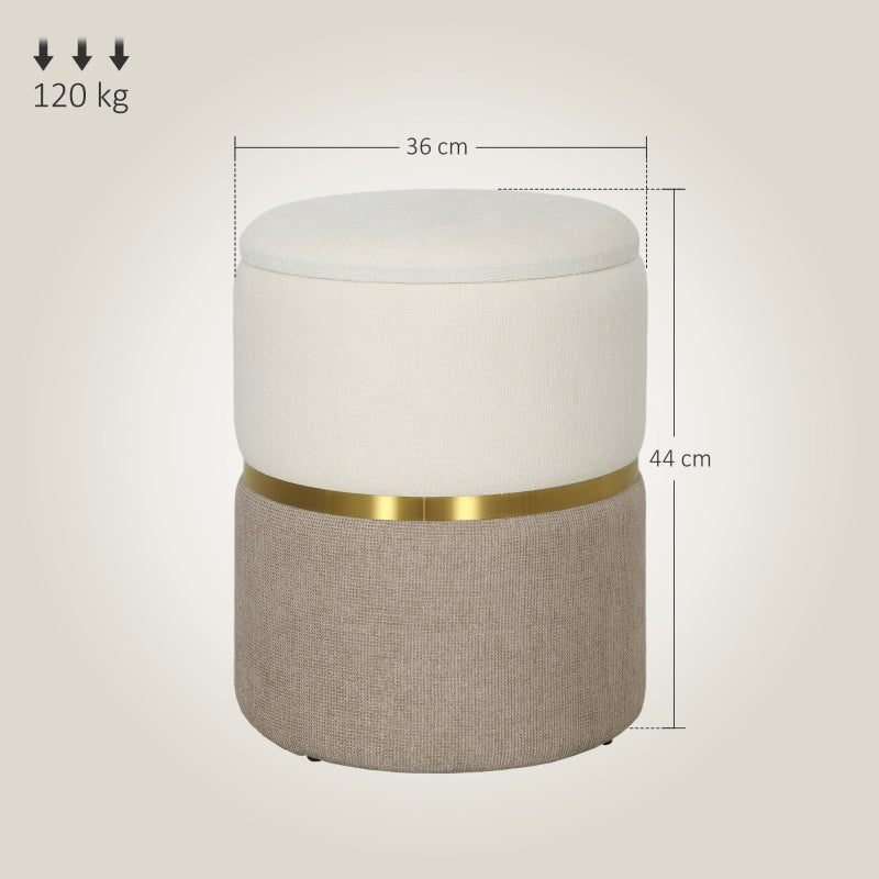 Storage Stool with Lid, Metal Ring, Two-Tone Design, Cream White