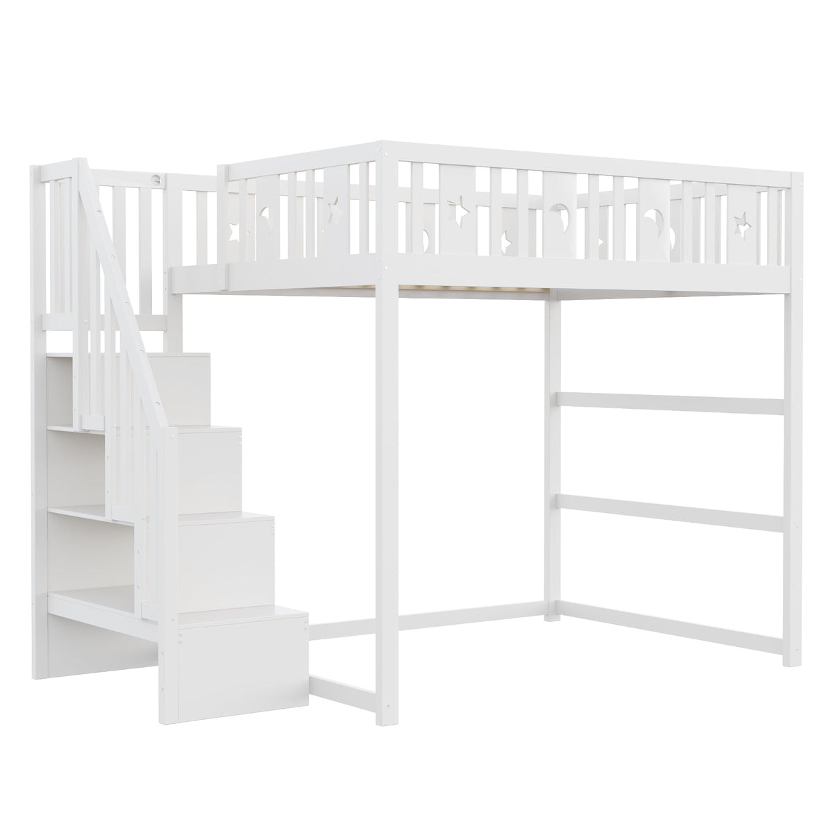 Children's Bunk Bed 140x200 Stairs Safety Railing, Solid Wood White
