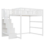 Children's Bunk Bed with Stairs, Safety Railing, Star/Moon Decoration, Solid Wood, White
