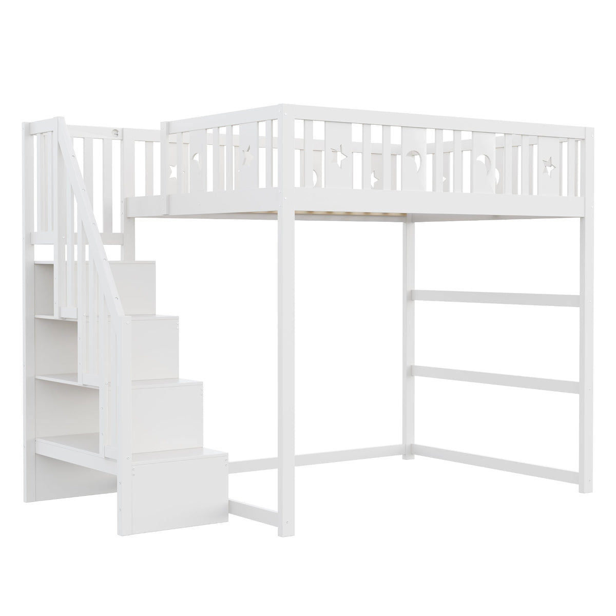 Children's Bunk Bed with Stairs, Safety Railing, Star/Moon Decoration, Solid Wood, White