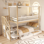 Bunk Bed, 90*200 cm House Shape, Safety Rail, Storage, and Ladder, Solid Wood White/Natural