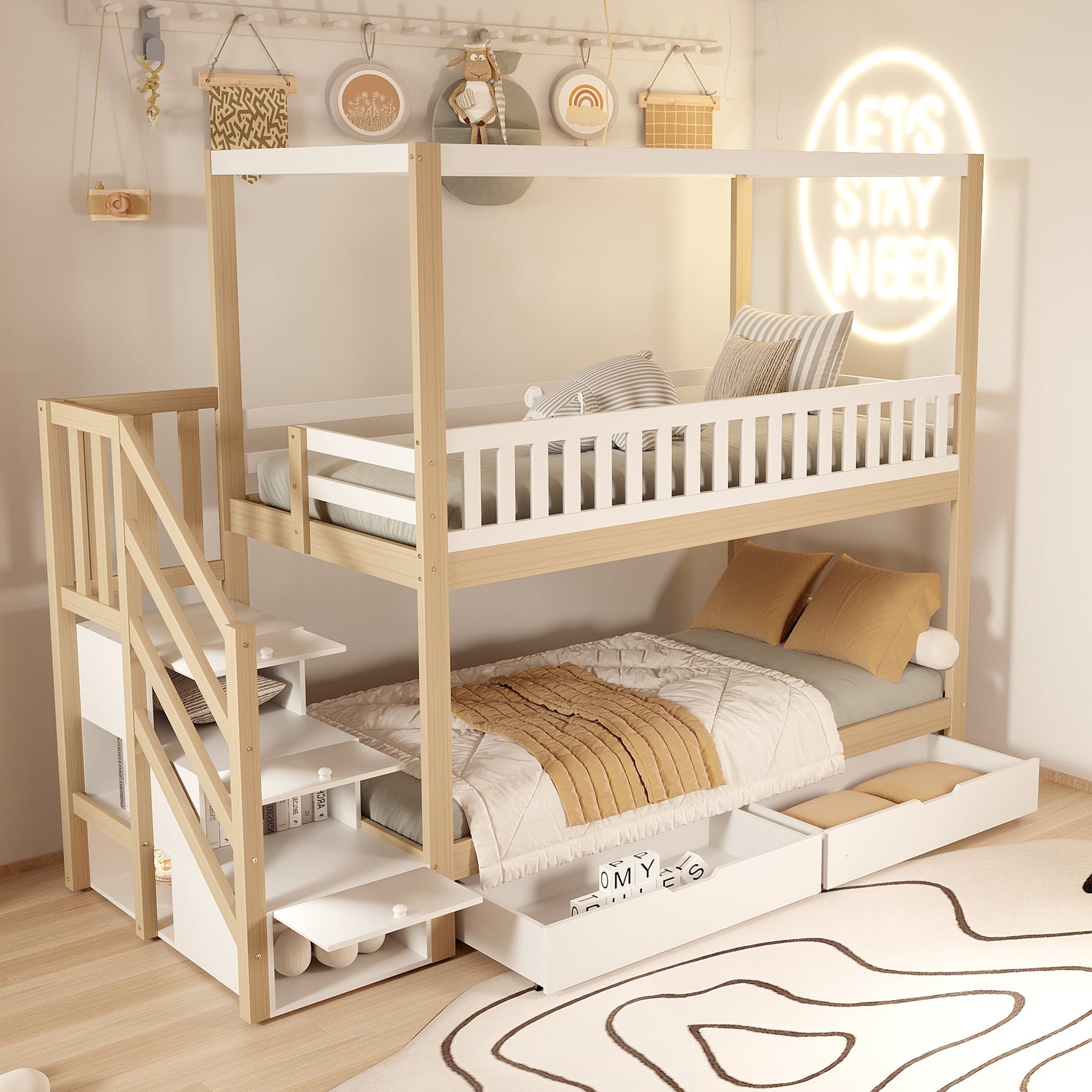 Bunk Bed, 90*200 cm House Shape, Safety Rail, Storage, and Ladder, Solid Wood White/Natural