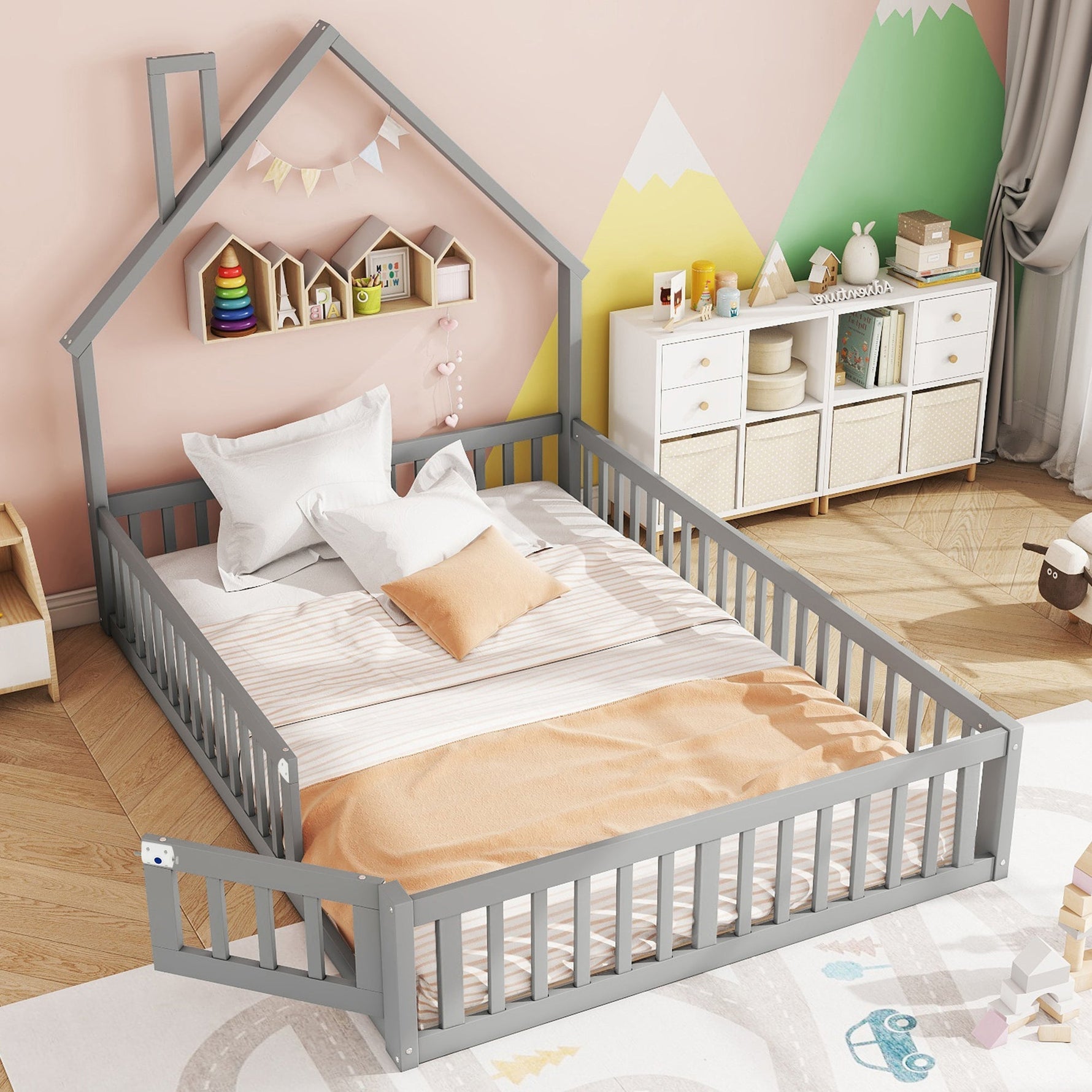 Children's Upholstered Bed with Chimney Shape and Slatted Base, 140x190cm, Grey Pine Wood