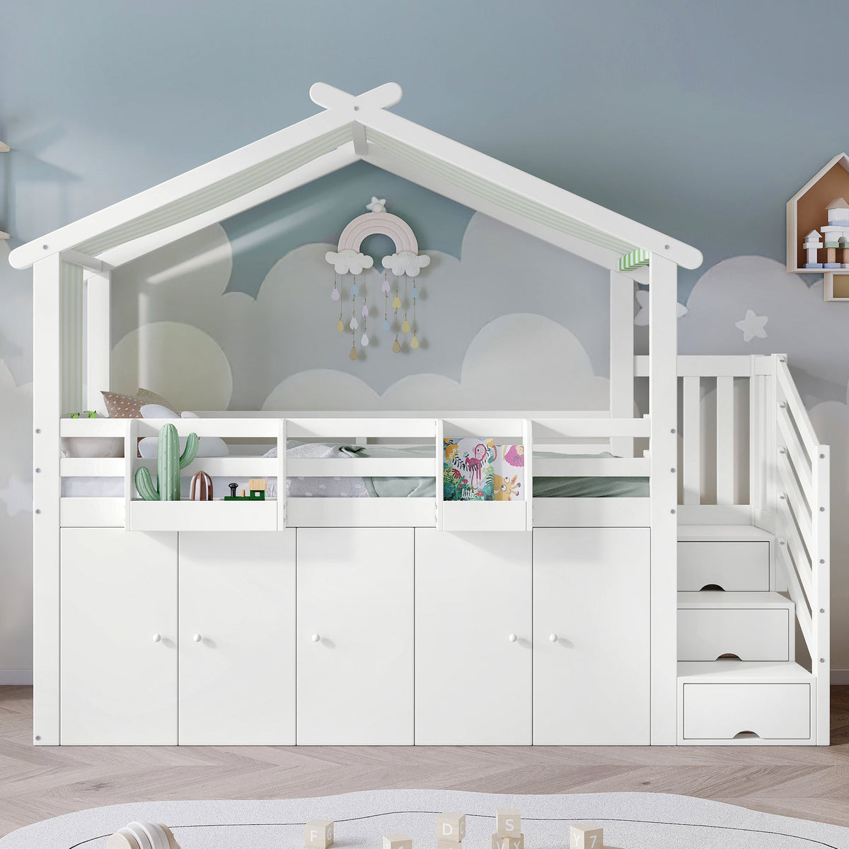 Bunk Bed, Safety Gate, Wardrobe, Lockers, Stairs, 90x200cm, White & Green Pine+MDF+Plywood