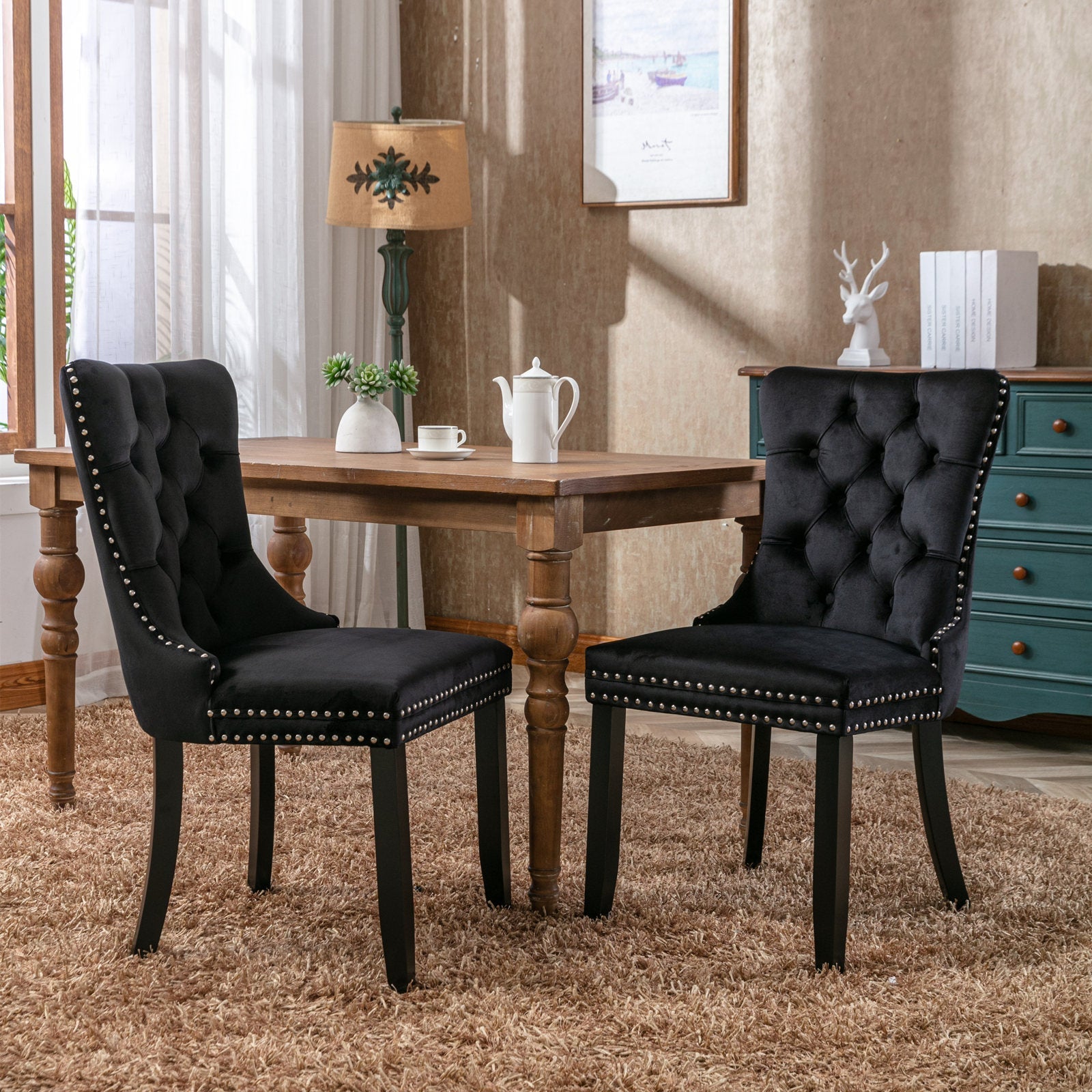 Nikki Collection Tufted Velvet Upholstered Dining Chair 2-Pc Set - Black