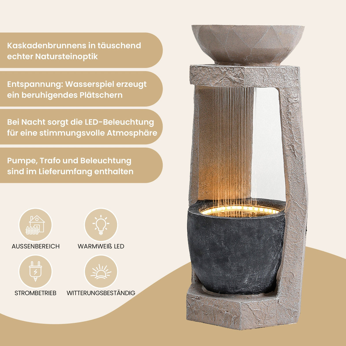Garden Fountain with LED Lighting, Water Pump and Decorative Basin, Artificial Stone Beige