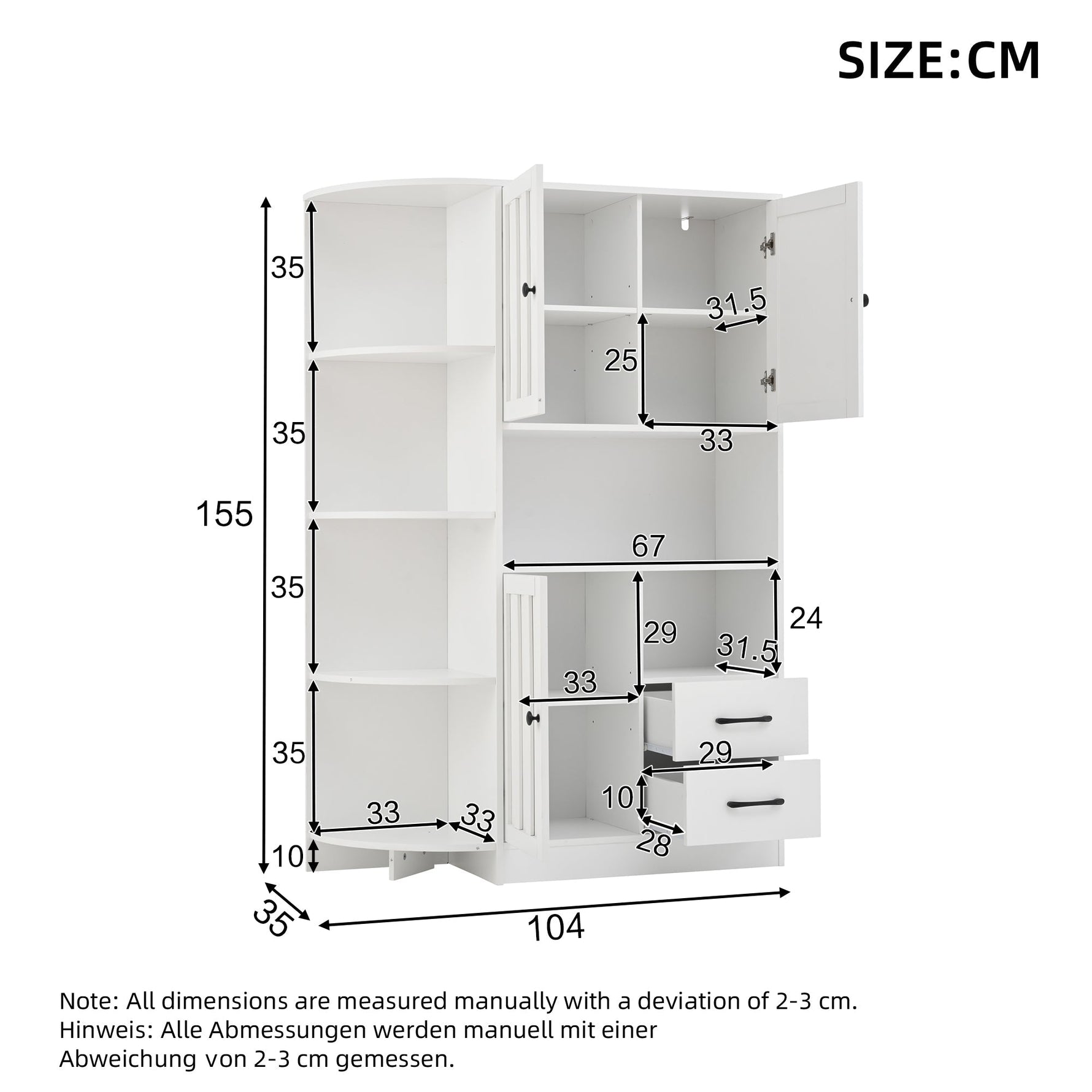 Corner Wardrobe Display Cabinet, 3 Cabinets 2 Drawers, 14 Storage Areas, 104x35x155cm, White