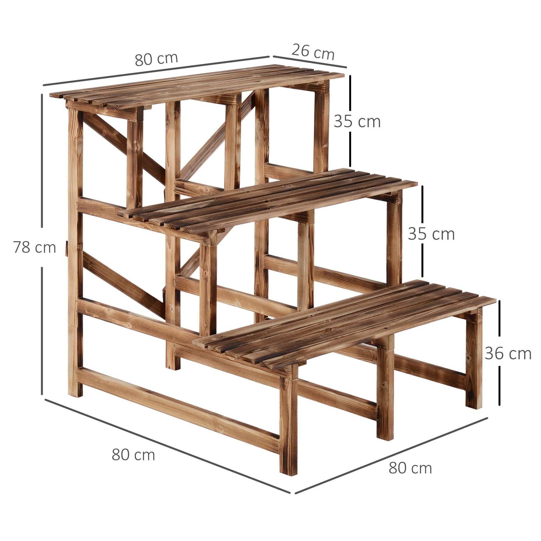 Plant Ladder Flower Shelf, 3 Steps, 80 x 80 x 78cm, Fir Wood
