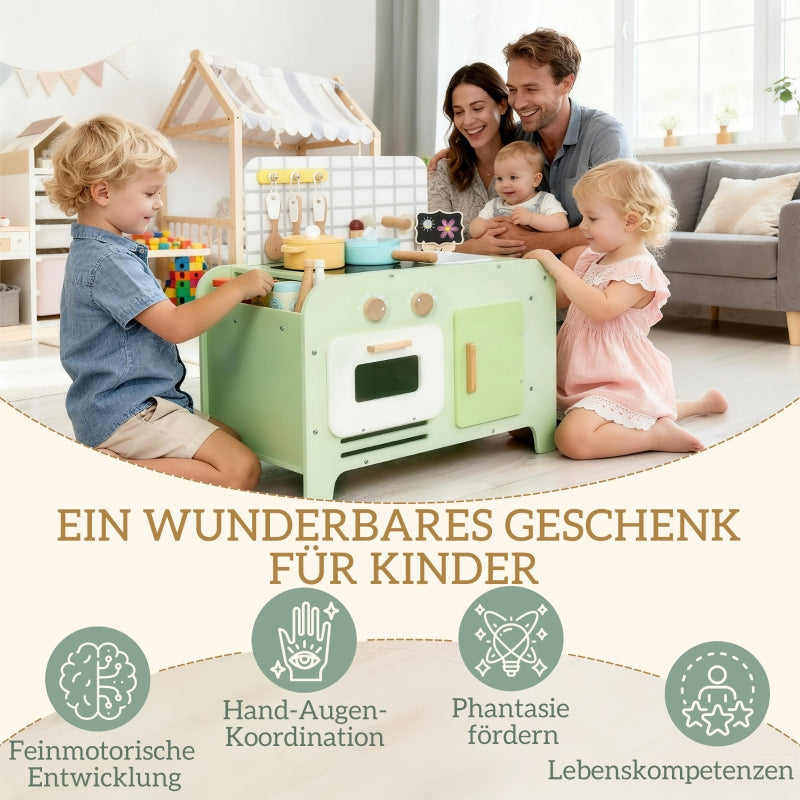 Children's Kitchen Playset with 15 Accessories and Storage Cabinets, Green MDF