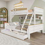 Bunk Bed with Windmill, Shelves & Drawers, Pine + MDF, White + Natural