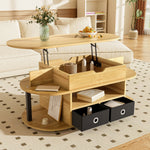 Modern Wood Grain Coffee Table with Lifting Function, Storage, and Black Fabric Drawers