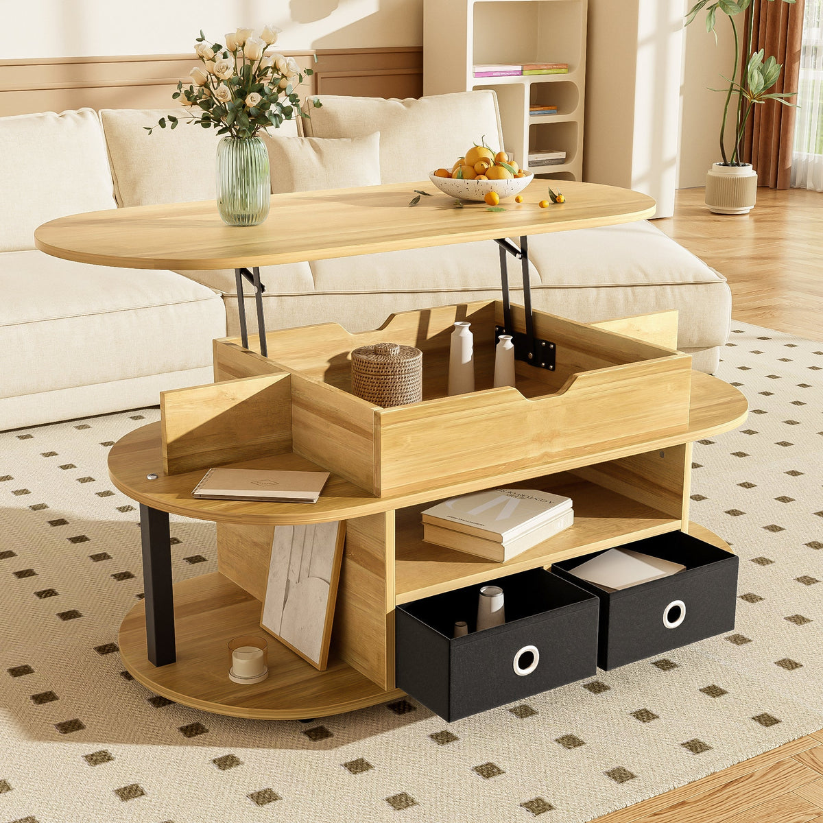 Modern Wood Grain Coffee Table with Lifting Function, Storage, and Black Fabric Drawers