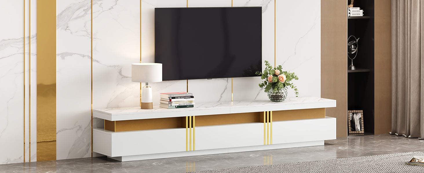 Lowboard TV Cabinet Modern 200cm 3 Drawers Cable Management - Marble Look