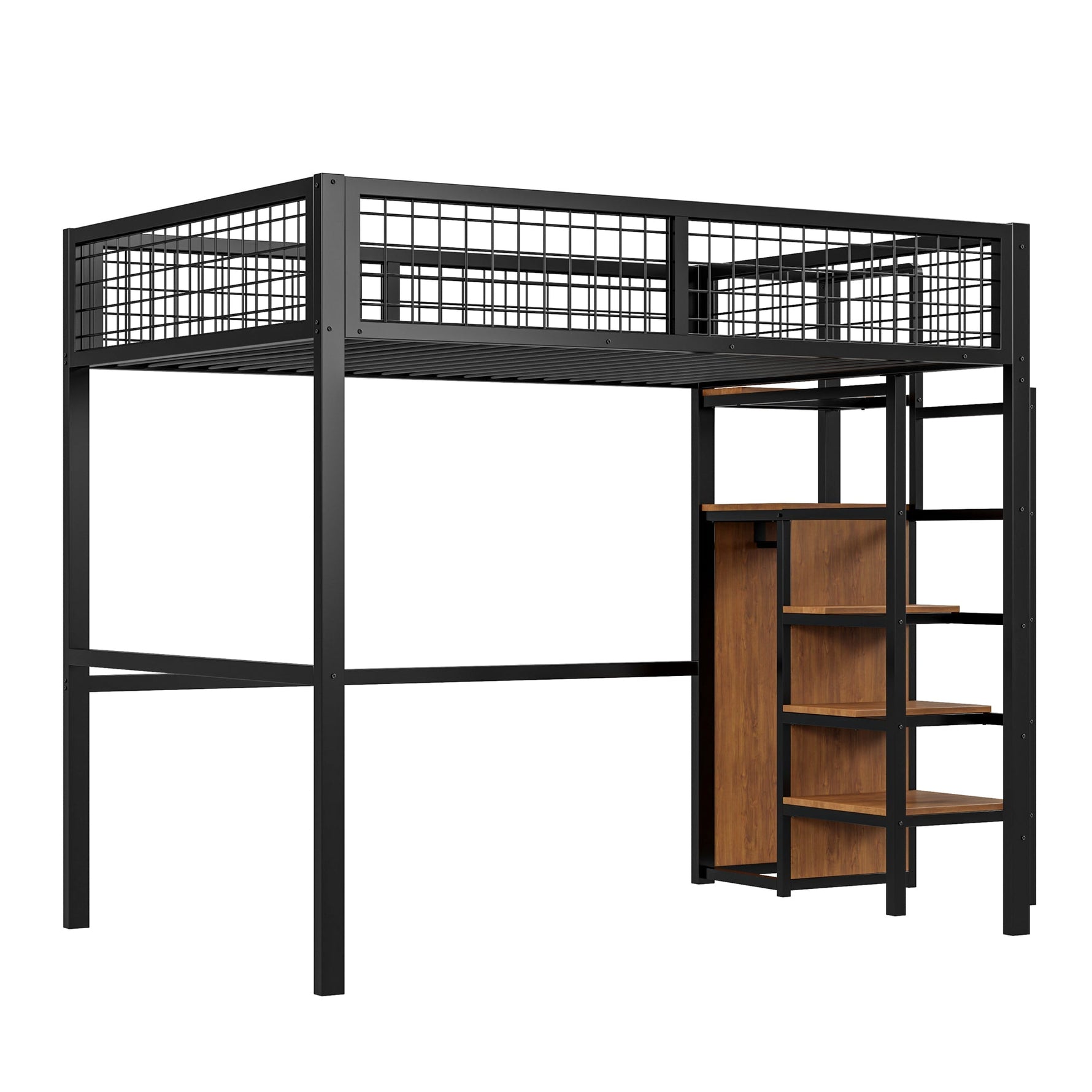 Loft Bed 140*200, Ladder & Storage, Iron Frame, Black
