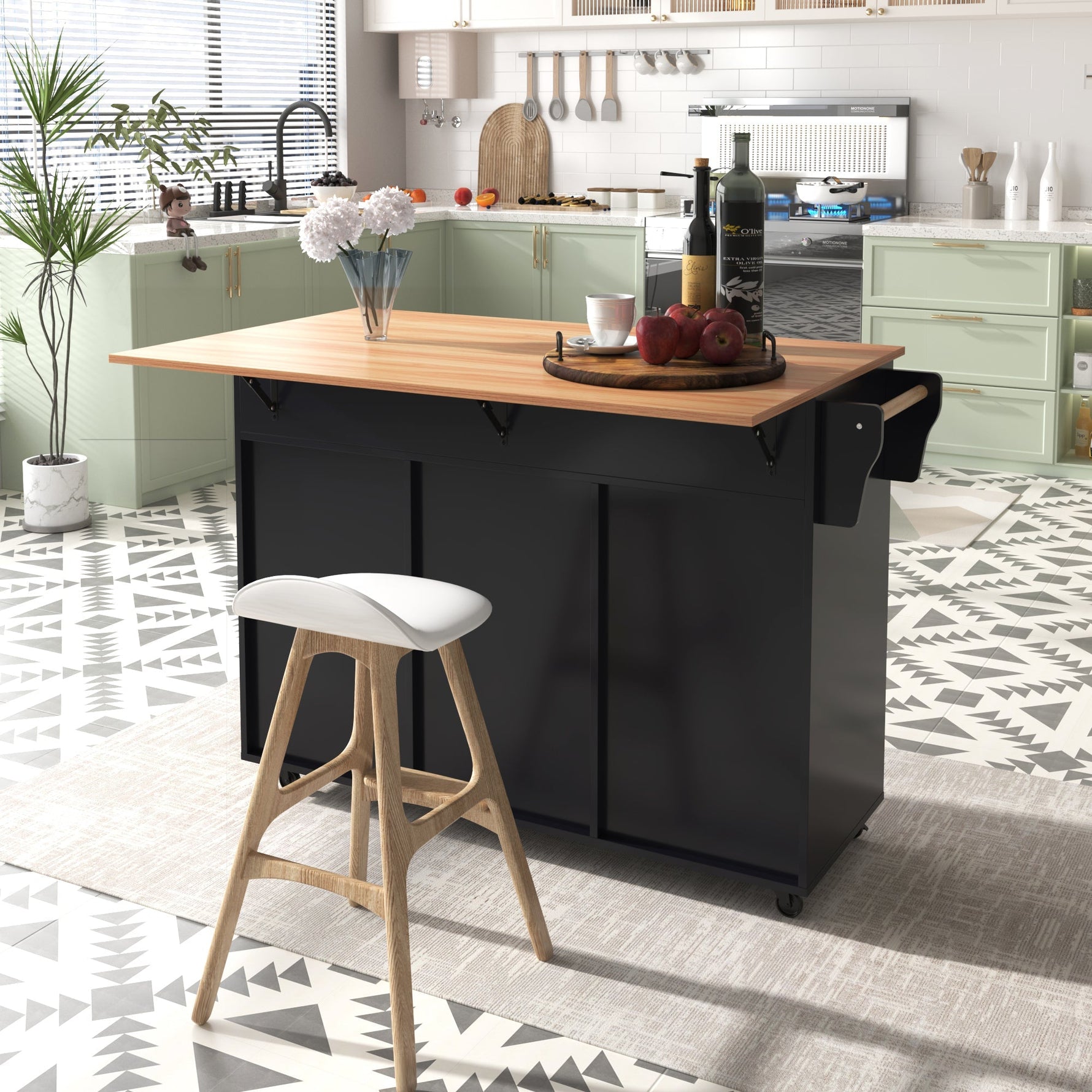 Dining Cart Sideboard 129cm Extendable Folding Top Storage Wheels - Black