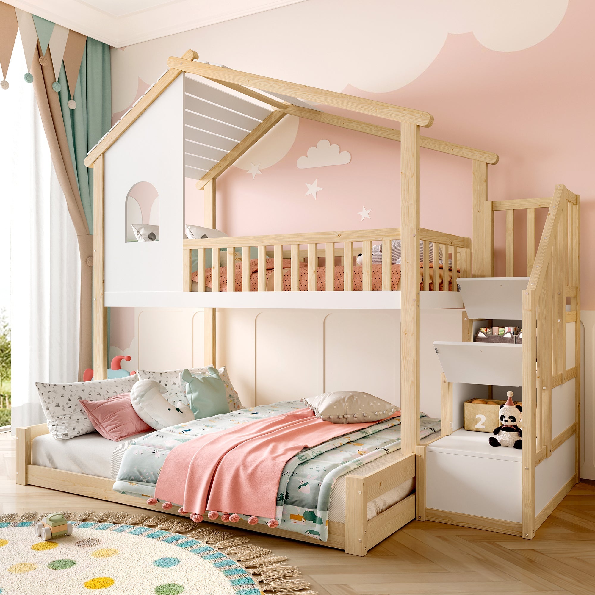Bunk Bed with Storage Ladder and House Railing, 90x200cm and 140x200cm, Natural and White