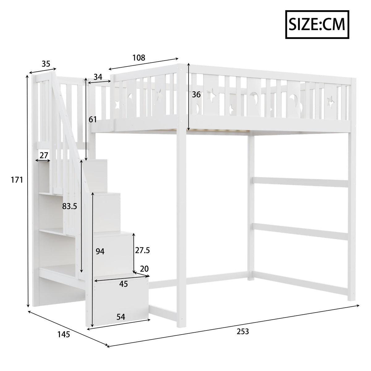 Children's Bunk Bed with Stairs, Safety Railing, Star/Moon Decoration, Solid Wood, White