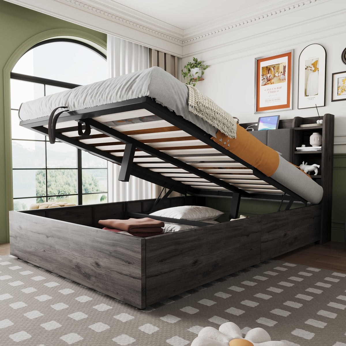 Wooden Bed, 140x200cm Hydraulic with Storage Headboard, USB & Type-C Socket, Grey