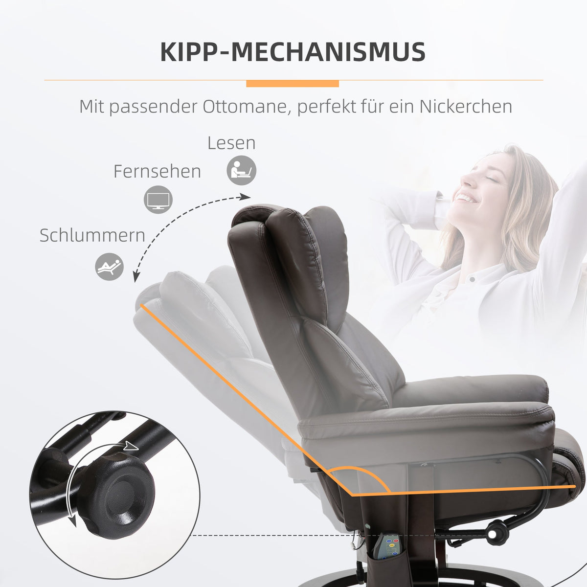 Recliner Massage Chair with Footstool, Reclining Function, Faux Leather Brown