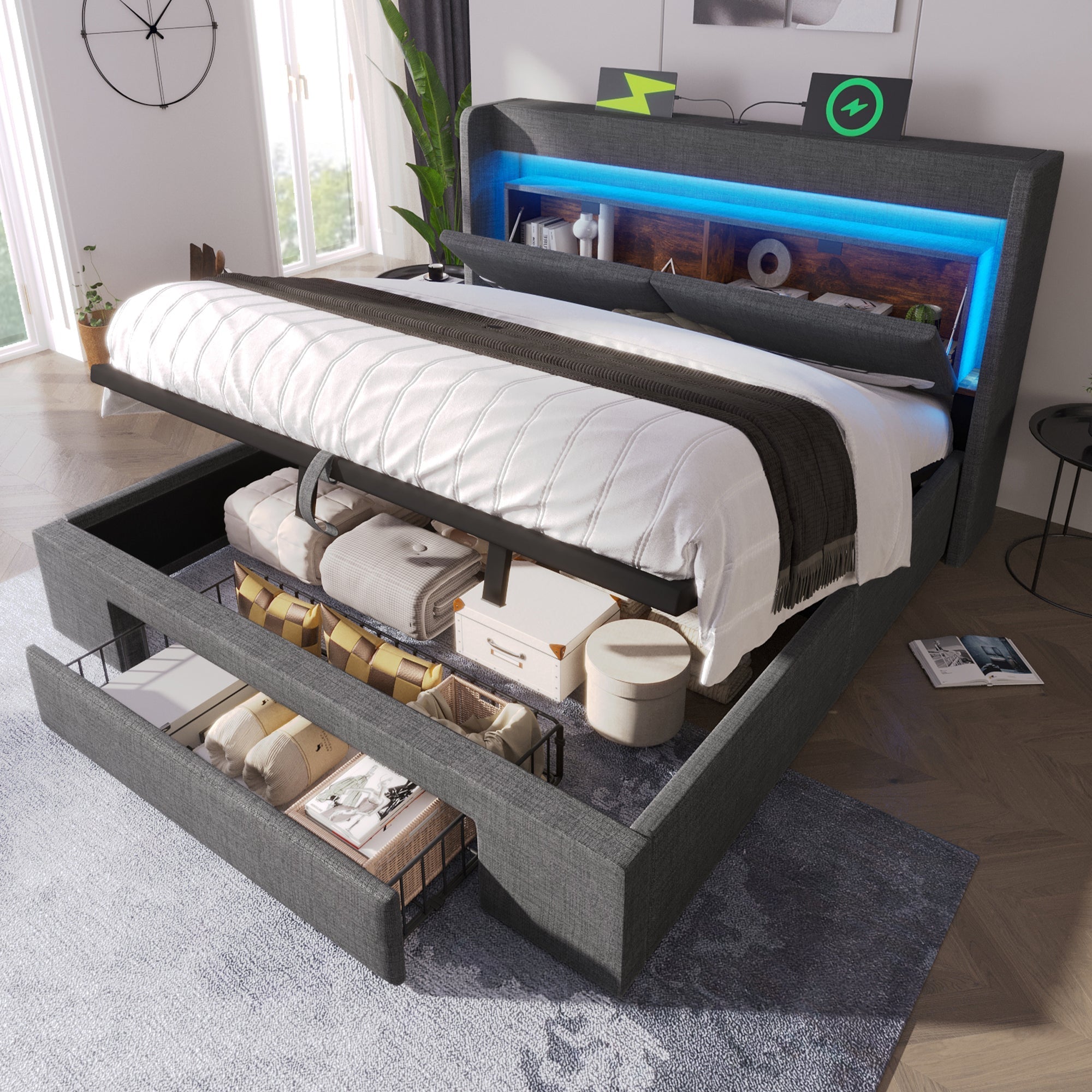 Upholstered Bed 160x200cm Hydraulic Storage Headboard Compartment LED USB/Type-C Linen Grey