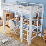 Iron Frame Bunk Bed with Table, Shelves, Ladder, Rail, 90x200cm, White + Natural Iron + MDF