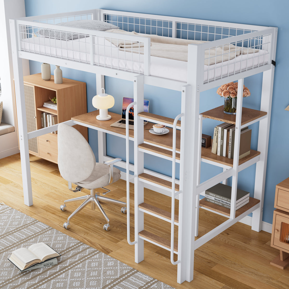 Iron Frame Bunk Bed with Table, Shelves, Ladder, Rail, 90x200cm, White + Natural Iron + MDF