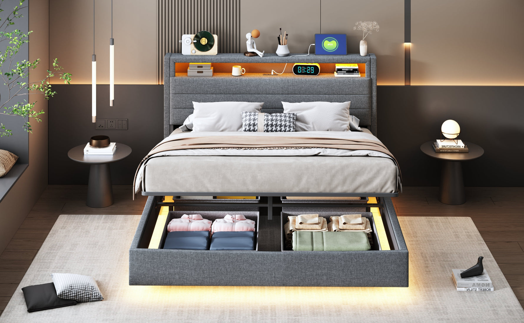 Upholstered Bed 140x200 cm, Hydraulic Floating with Storage, USB & LED, Reversible Headboard, Linen Grey
