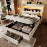 Upholstered Bed 90x200 cm with Hydraulic Storage, LED Lighting and USB Charging, Beige Linen