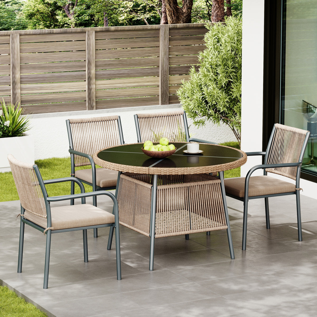 Modern Garden Furniture Set with Round Table & 4 Chairs, Rattan