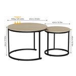 Nesting Coffee Table Set, 2-Piece Round 60cm Modern Design, Oak Veneer and Metal