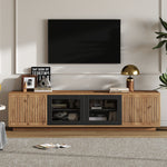 TV Cabinet 180cm for 75 Inch TV, LED Light Strip, Natural Wood & Black Glass