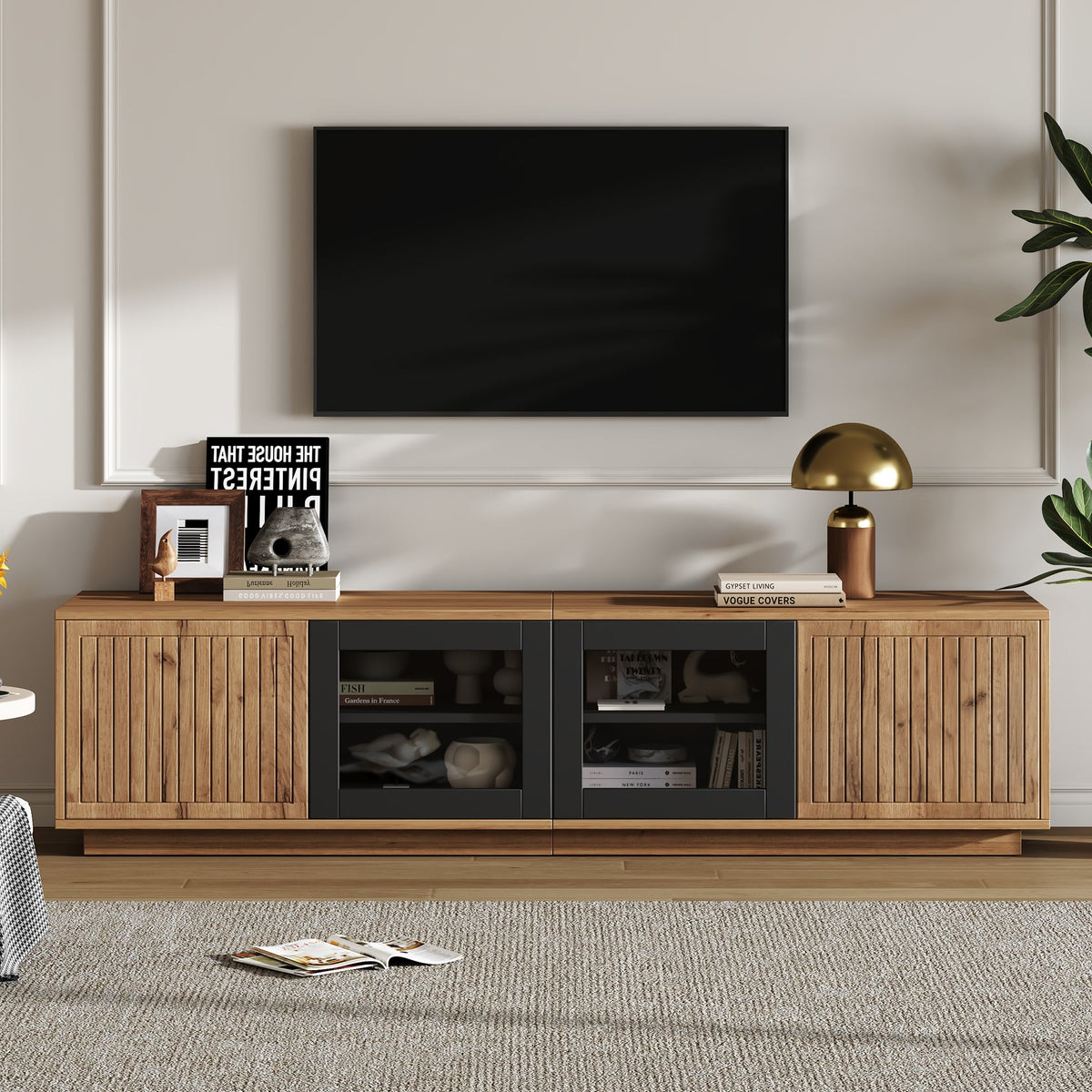 TV Cabinet 180cm for 75 Inch TV, LED Light Strip, Natural Wood & Black Glass