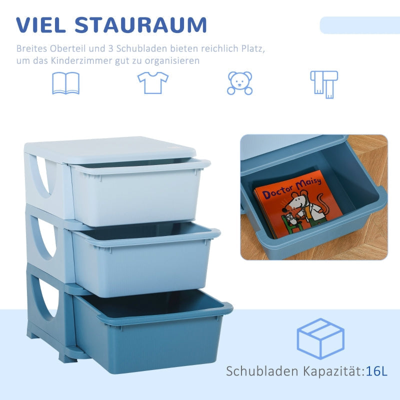 Kids' Storage Boxes, 3 Drawers, Rounded Edges, Blue
