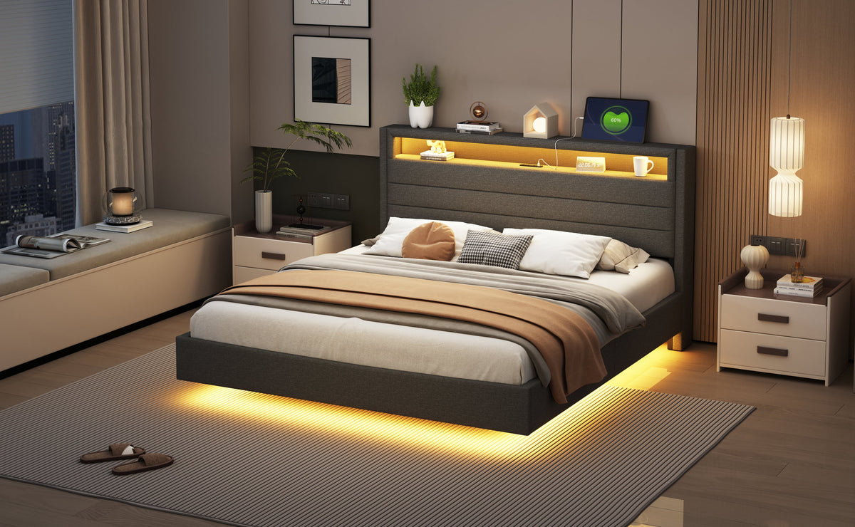 Upholstered Bed, 160x200 cm with USB & LED, Reversible Headboard, Grey Linen
