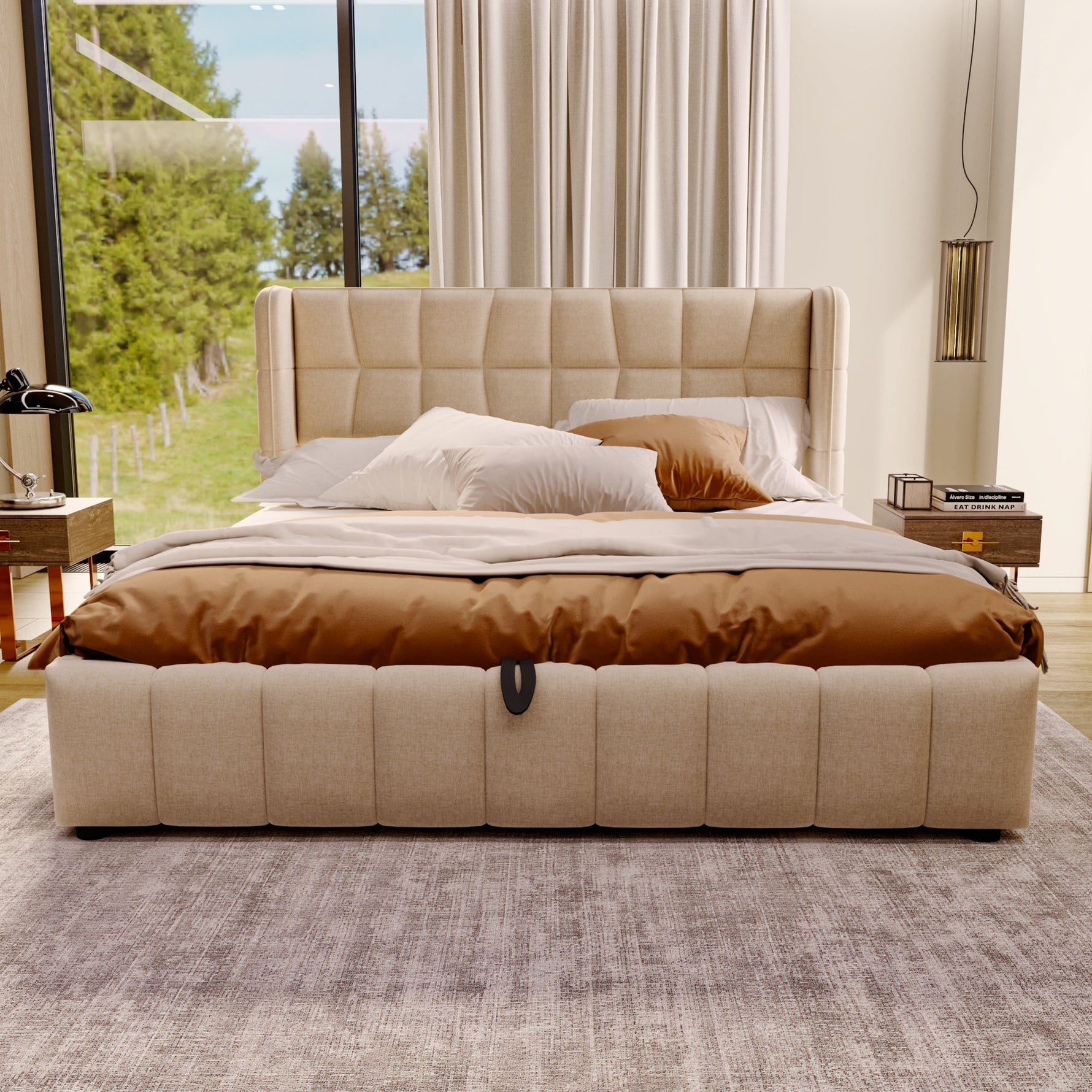 Upholstered Bed 180x200cm Pneumatic Storage Slatted Frame - Beige Linen